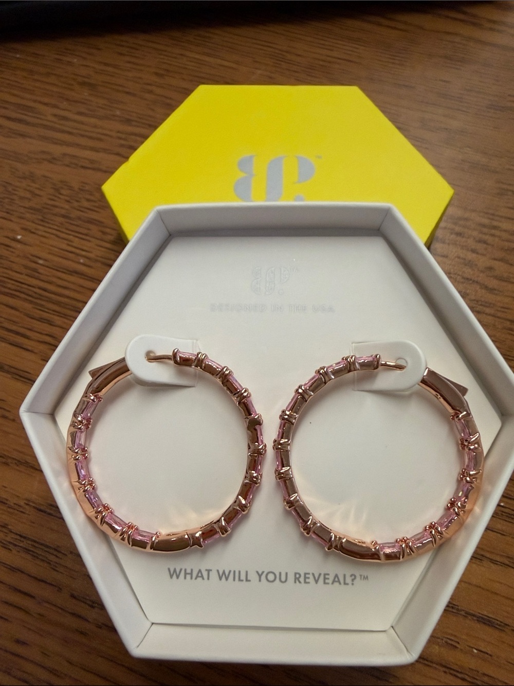 Bomb Party Rose Gold Hoop Earrings with Pink Stones
